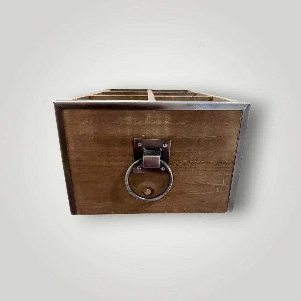 Standard General Store Organizer Box Brown Wood 6-Slot Rustic Metal Apothecary